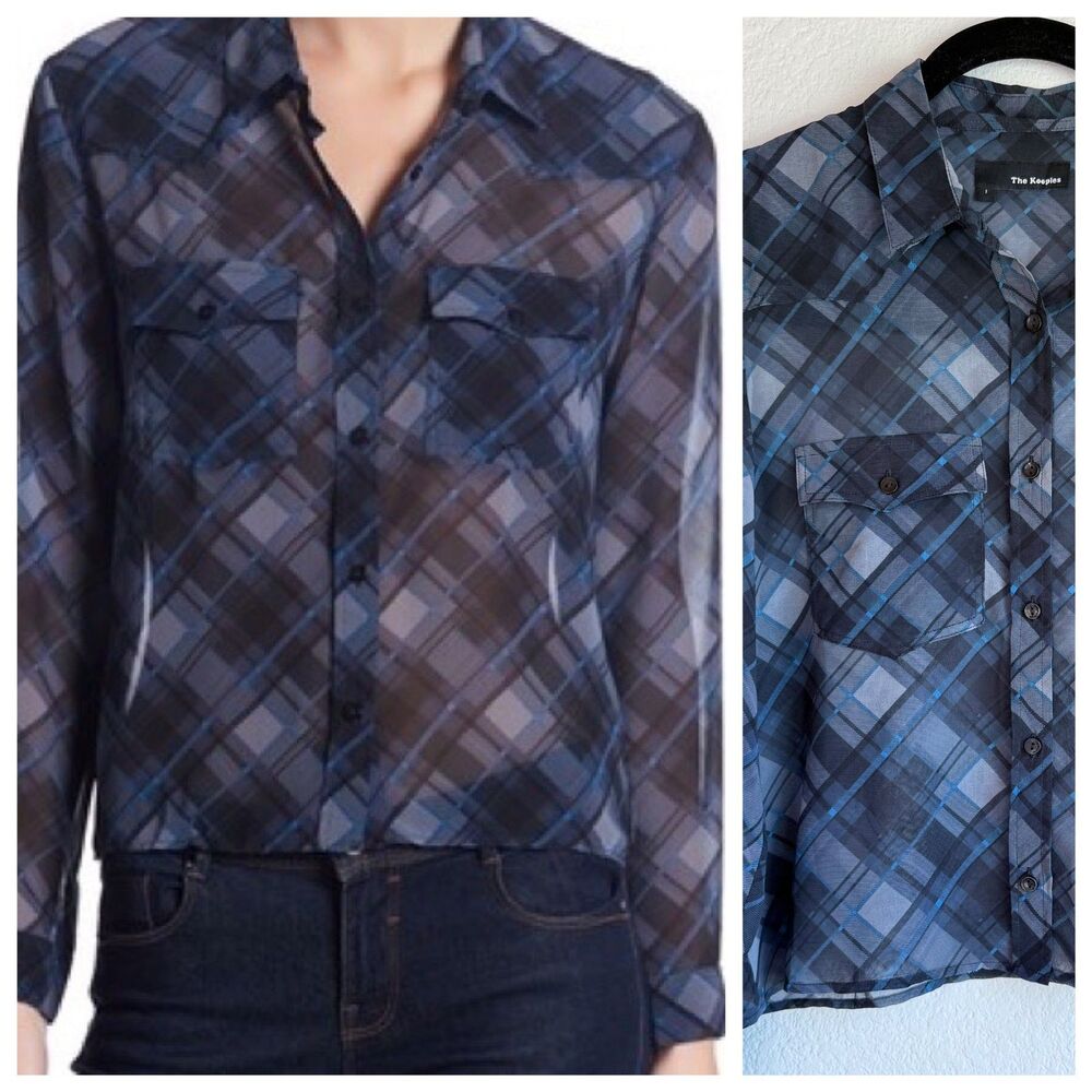 The Kooples Sheer Plaid Cropped Button Down Long Sleeve Blouse in Blue & Black